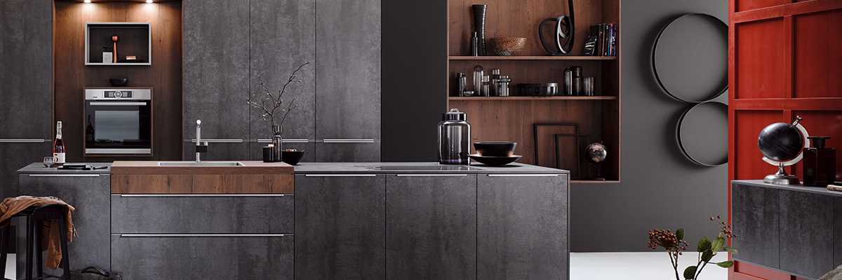 dark grey kitchen cabinets with brown oak cabinets