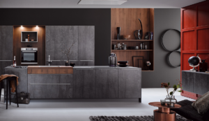 dark grey kitchen cabinets with brown oak cabinets